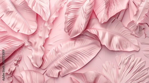 Stylish pink banana leaves with a 3D floral pattern effect, creating an abstract wall texture on a white-pink backdrop