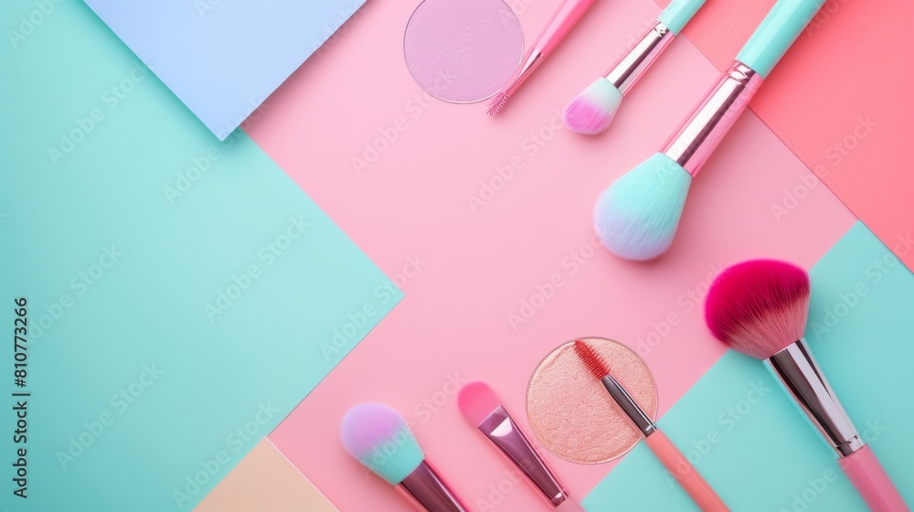 Two makeup brushes are on a table with a blue background Two makeup brushes are on a table with a blue background