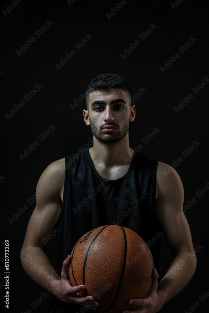 Young male basketball player holding ball, ready to play match on dark background photo. Fictional Character Created By Generative AI. Young male basketball player holding ball, ready to play match on dark background photo. Fictional Character Created By Generative AI.
