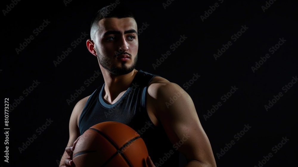 Young male basketball player holding ball, ready to play match on dark background photo. Fictional Character Created By Generative AI. Young male basketball player holding ball, ready to play match on dark background photo. Fictional Character Created By Generative AI.