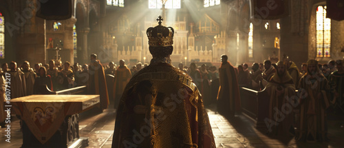 A king in regal attire, bathed in sunlight inside a grand cathedral. photo