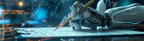 A highdefinition image showing a robot hand penning a legal brief on AI regulation with an antique quill, surrounded by holograms of legal symbols and AI ethics texts 8K , high-resolution, ultra HD,up photo