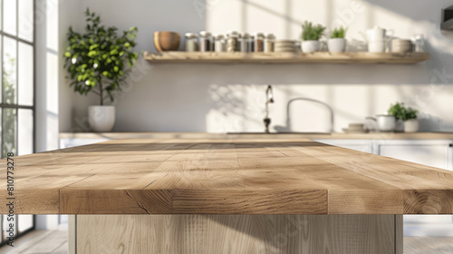 Empty wooden counter on a bright kitchen counter, perfect for displaying or showcasing products. © Mehran