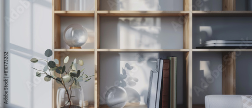 Minimalist shelf adorned with serene decor against a backdrop of soft shadows.