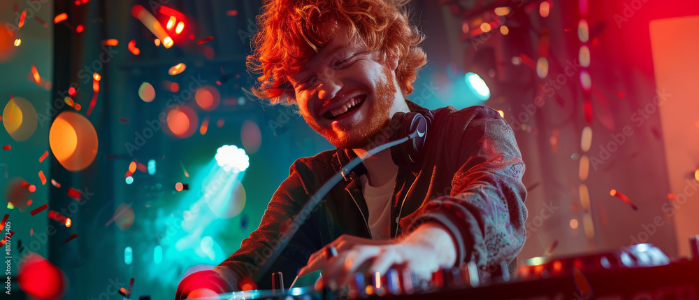 Fototapeta premium DJ exuberantly mixes tracks amidst colorful lights and confetti.