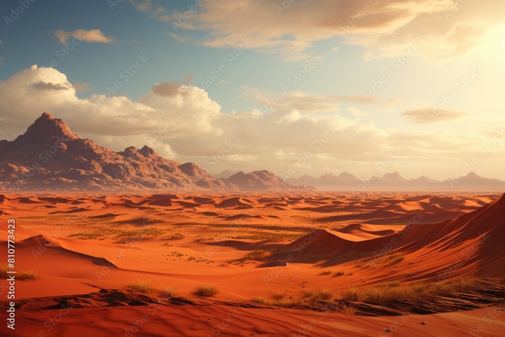 United Arab Emirates landscape. Majestic Desert Landscape with Vibrant Orange Sand Dunes at Sunset.