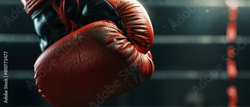 Close-up of a red boxing glove against a dark gym background.
