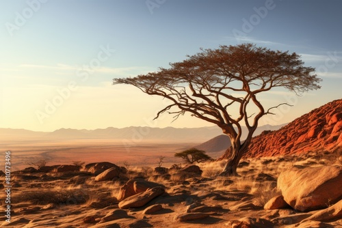 Namibia landscape. Serene Desert Landscape at Sunrise with Majestic Camel Thorn Tree. photo