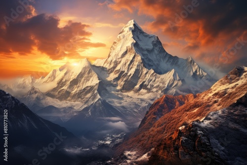 Nepal landscape. Majestic Mountain Peak at Sunset with Vibrant Autumn Foliage. © Sci-Fi Agent