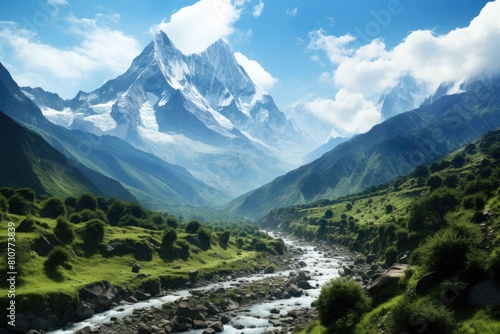 Nepal landscape. Majestic Mountain Peak Overlooking Serene River Valley in Spring.