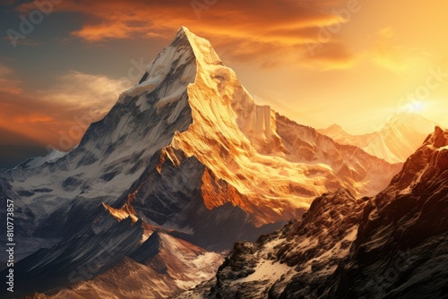 Nepal landscape. Majestic Sunrise Over Snow-Capped Mountain Peak.