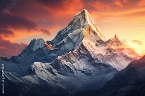 Nepal landscape. Majestic Sunrise Over Snow-Capped Mountain Peak Landscape.