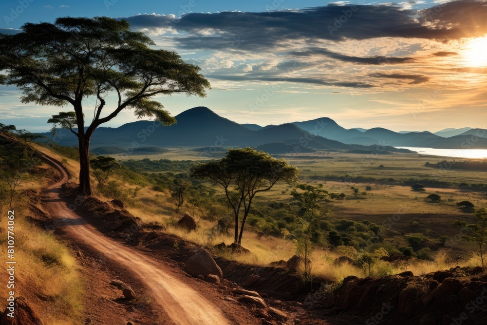 Naklejka premium Nicaragua landscape. Tranquil Sunset Landscape with Dirt Road Winding Through Rolling Hills.