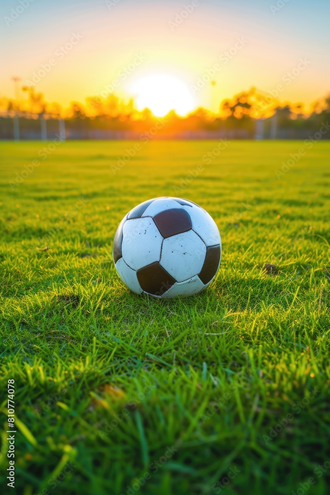 Obraz premium Soccer ball on field during sunny day, closeup shot.