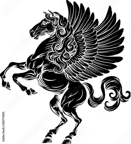 Pegasus winged flying horse mythological animal from Greek myth. For a crest in rampant pose. Heraldic coat of arms heraldry design element in a vintage illustration style. photo