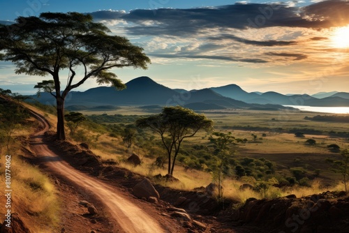 Nicaragua landscape. Tranquil Sunset Landscape with Dirt Road Winding Through Rolling Hills.