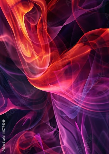 An abstract design featuring flowing, intertwined waves of red, pink, and purple, creating a vibrant and dynamic visual.