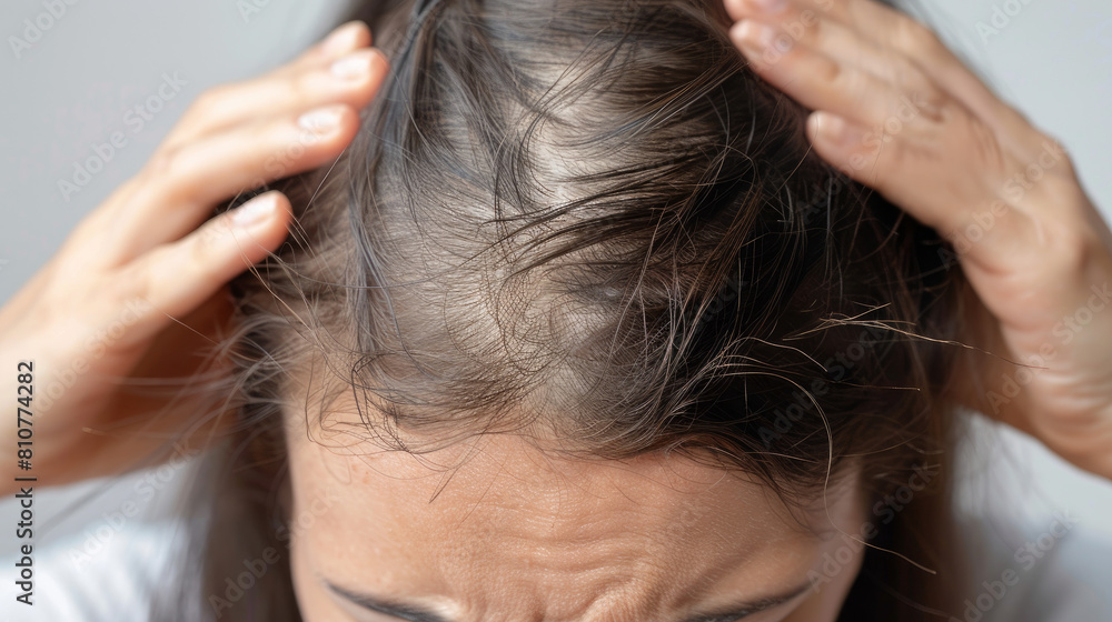 Naklejka premium Hair loss can happen during or after pregnancy, or because of menstrual or hormone problems, or stress. It is common to lose hair when combing.