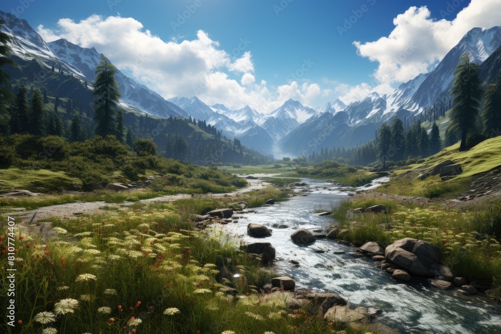Sochi landscape. Serene Mountain Landscape with Flowing River and Flourishing Wildflowers.