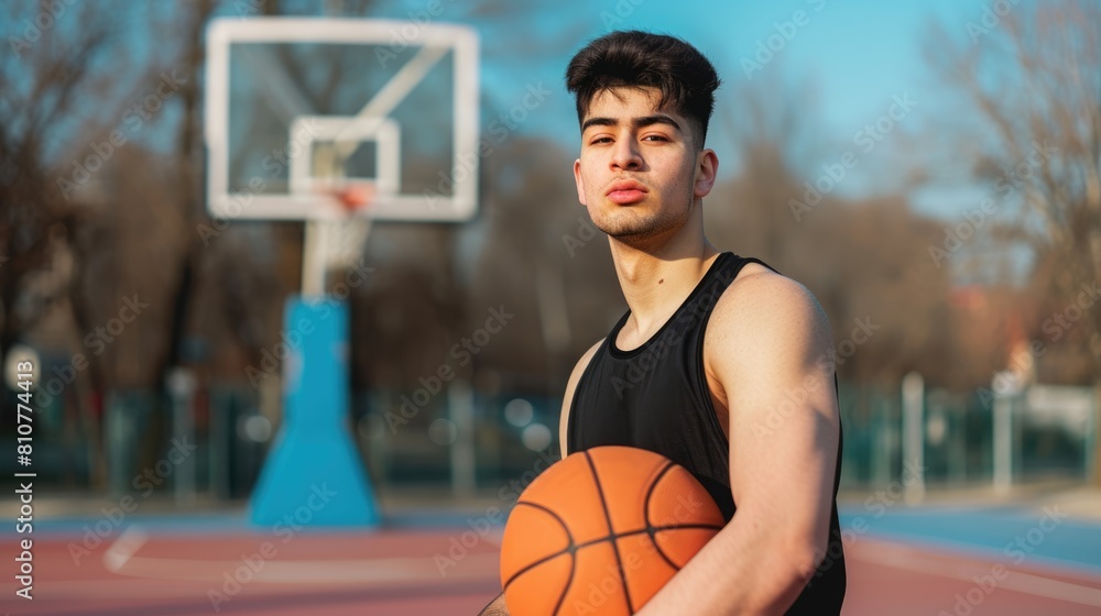 Young male basketball player at court, ready to play match and posing for photo. Fictional Character Created By Generative AI. Young male basketball player at court, ready to play match and posing for photo. Fictional Character Created By Generative AI.