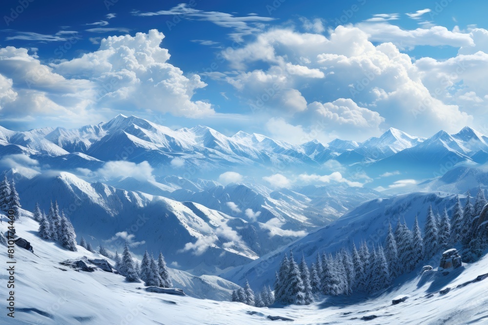 Obraz premium Sochi landscape. Majestic Winter Landscape with Snow-Covered Mountains and Pines.