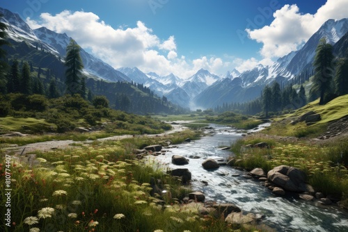 Sochi landscape. Serene Mountain Landscape with Flowing River and Flourishing Wildflowers. © Sci-Fi Agent