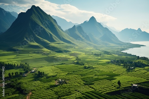 North Korea landscape. Majestic Mountain Landscape with Lush Green Fields and Tranquil River.