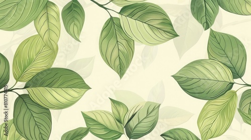 A serene botanical illustration of green leaves with meticulous detail and subtle color variations