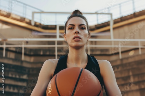 Young female basketball player at court, ready to play match and posing for photo. Fictional Character Created By Generative AI.  photo