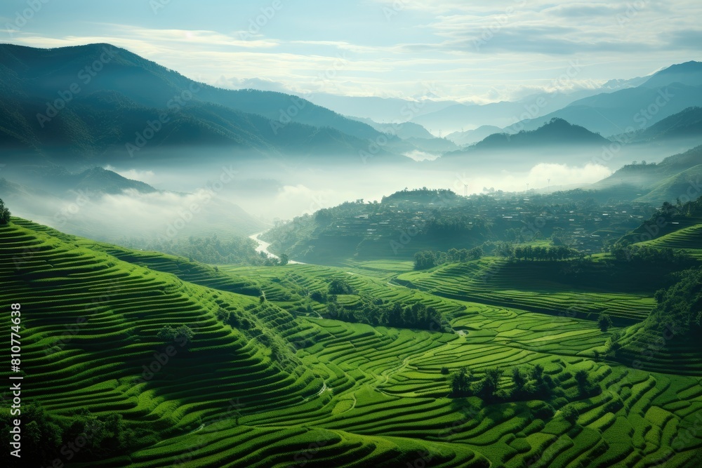Taiwan landscape. Majestic Sunrise Over Misty Mountain Village with Lush Green Terraces. Taiwan landscape. Majestic Sunrise Over Misty Mountain Village with Lush Green Terraces.