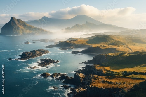 Taiwan landscape. Tranquil Morning by the Rocky Coastline with Misty Mountains and Clear Skies. © Sci-Fi Agent