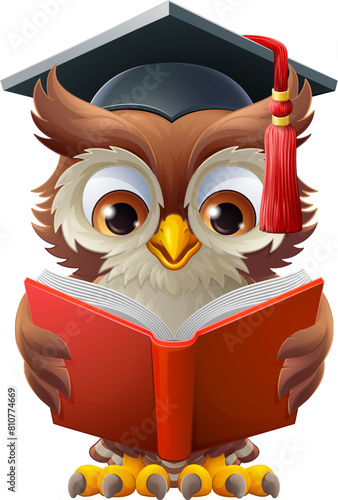 A wise owl bird cartoon cute character. Wearing a graduation, convocation or professor teacher mortar board cap or hat. Reading a book.