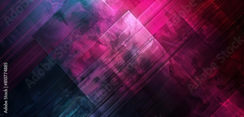 Vibrant abstract background with glowing pink and purple squares.