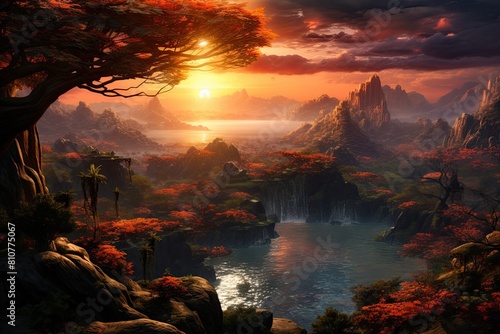 Thailand landscape. Majestic Sunrise Over Tranquil Waterfall and Blossoming Trees.
