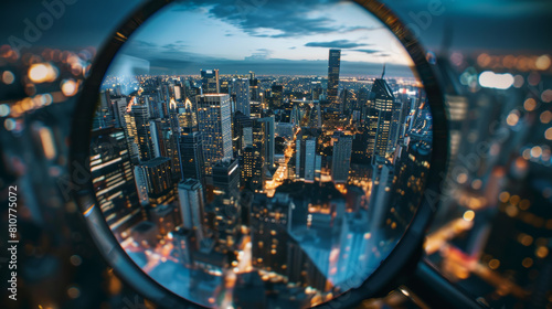 City skyline framed through a circular window at twilight.