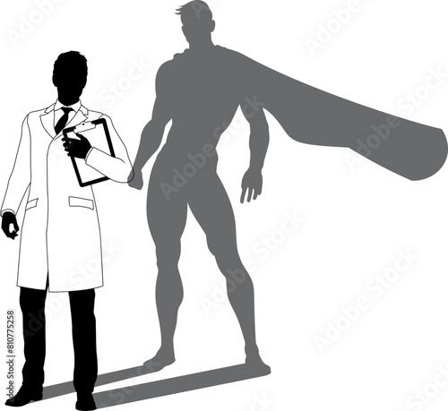 A superhero male scientist, engineer, doctor or teacher in a lab white coat man. Revealed by his shadow silhouette as a super hero in a cape.