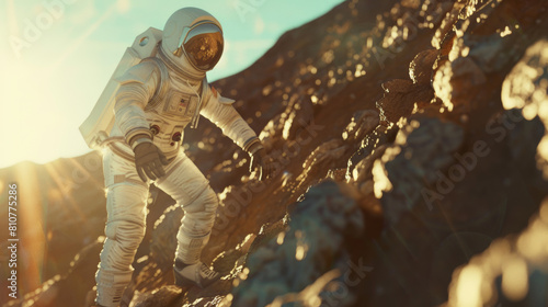 Sunlight bathes an astronaut in an awe-inspiring interplanetary exploration moment.