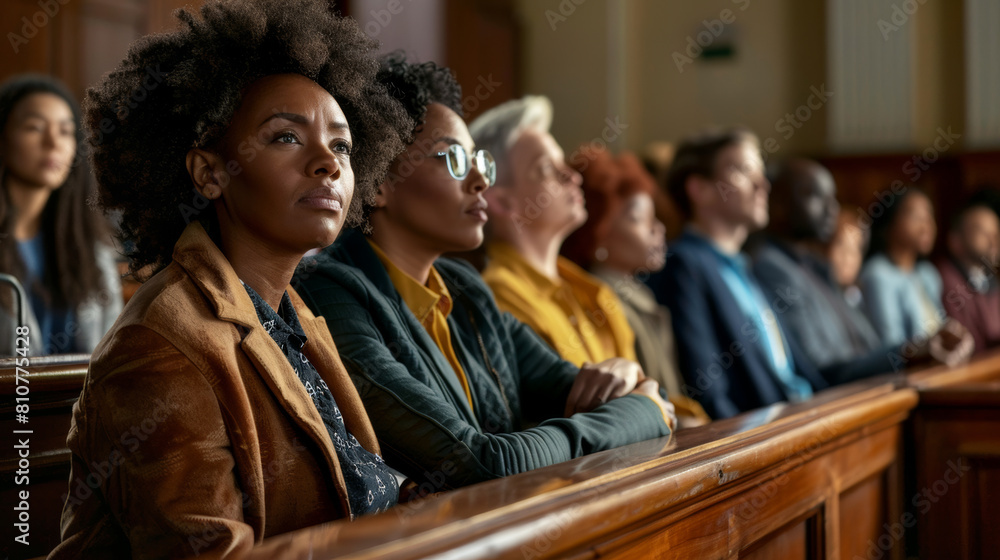 Attentive audience in court listens intently, immersed in the gravity of legal proceedings.