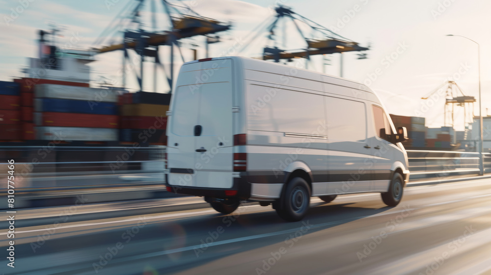 Naklejka premium Speedy cargo van driving past shipping containers at harbor.