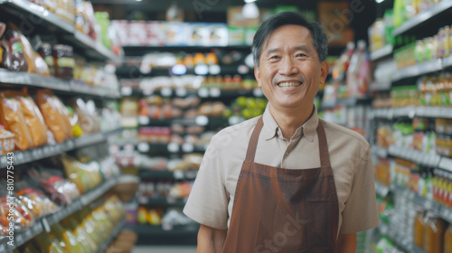 Friendly grocery store owner stands with a welcoming smile amid colorful food shelves.
