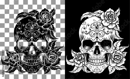 A skull decorated with abstract patterns and roses engraved woodcut etching design like a classic tattoo. Could be a Mexican Day of the Dead Dia de los Muertos skull.