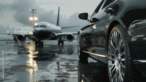 Luxury car parked on a rain-soaked tarmac with airplanes in the background. © VK Studio