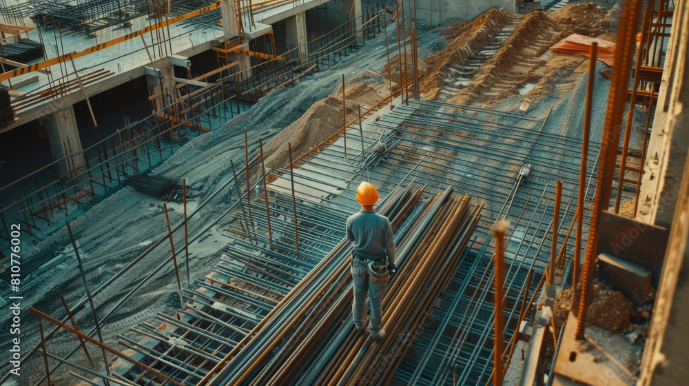 Construction worker amidst the steel rebars on a developing site.