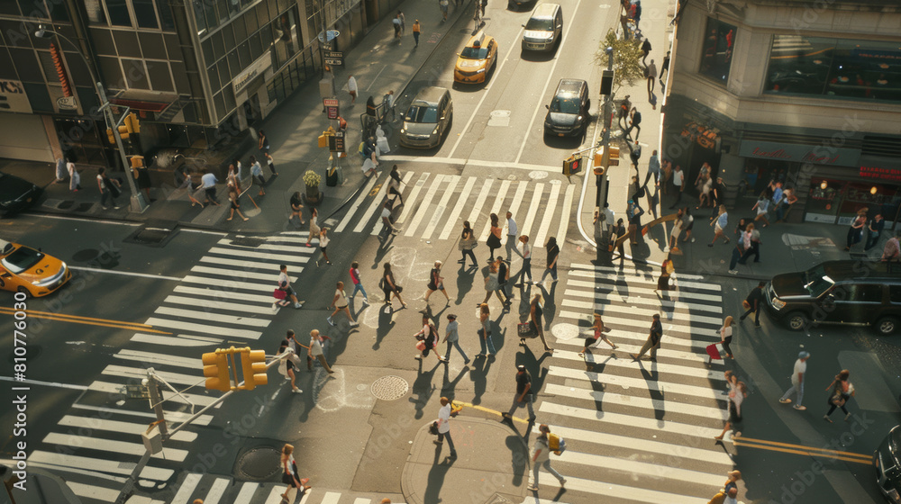 Obraz premium Aerial view of bustling pedestrian crosswalk in city during daytime.