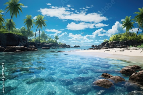 Tuvalu landscape. Serene Tropical Beach Paradise with Crystal-Clear Waters and Lush Palm Trees. © Sci-Fi Agent
