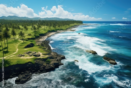 Tuvalu landscape. Tropical Paradise: Lush Greenery and Rocky Coastline at an Exotic Seaside.