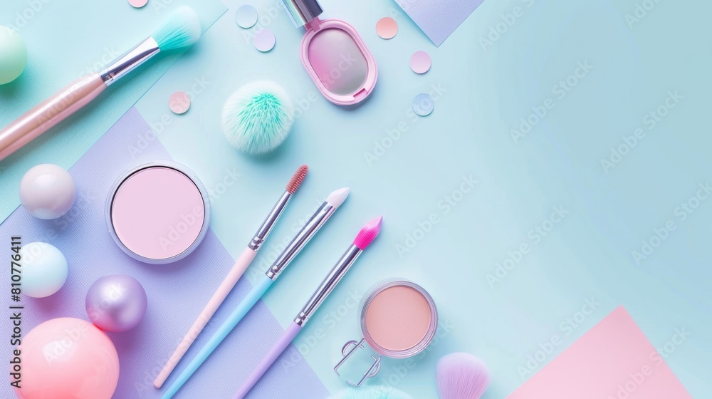 Two makeup brushes are on a green background with pink and blue colors Two makeup brushes are on a green background with pink and blue colors