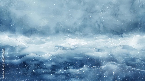 Watercolor depiction of a snow storm over a frozen ocean, with soft, undulating waves in the forefront and a dreamy, isolated background for copy space