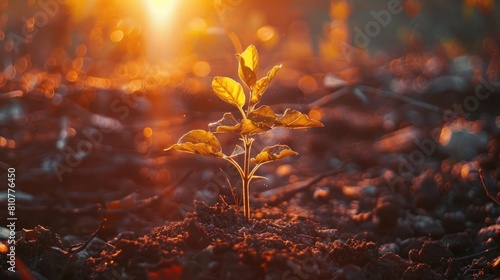 A symbol of growth and new beginnings, this young plant rises from fertile ground, bathed in the warm light of a setting sun