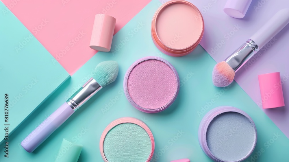 A colorful array of makeup brushes and containers, including a pink A colorful array of makeup brushes and containers, including a pink